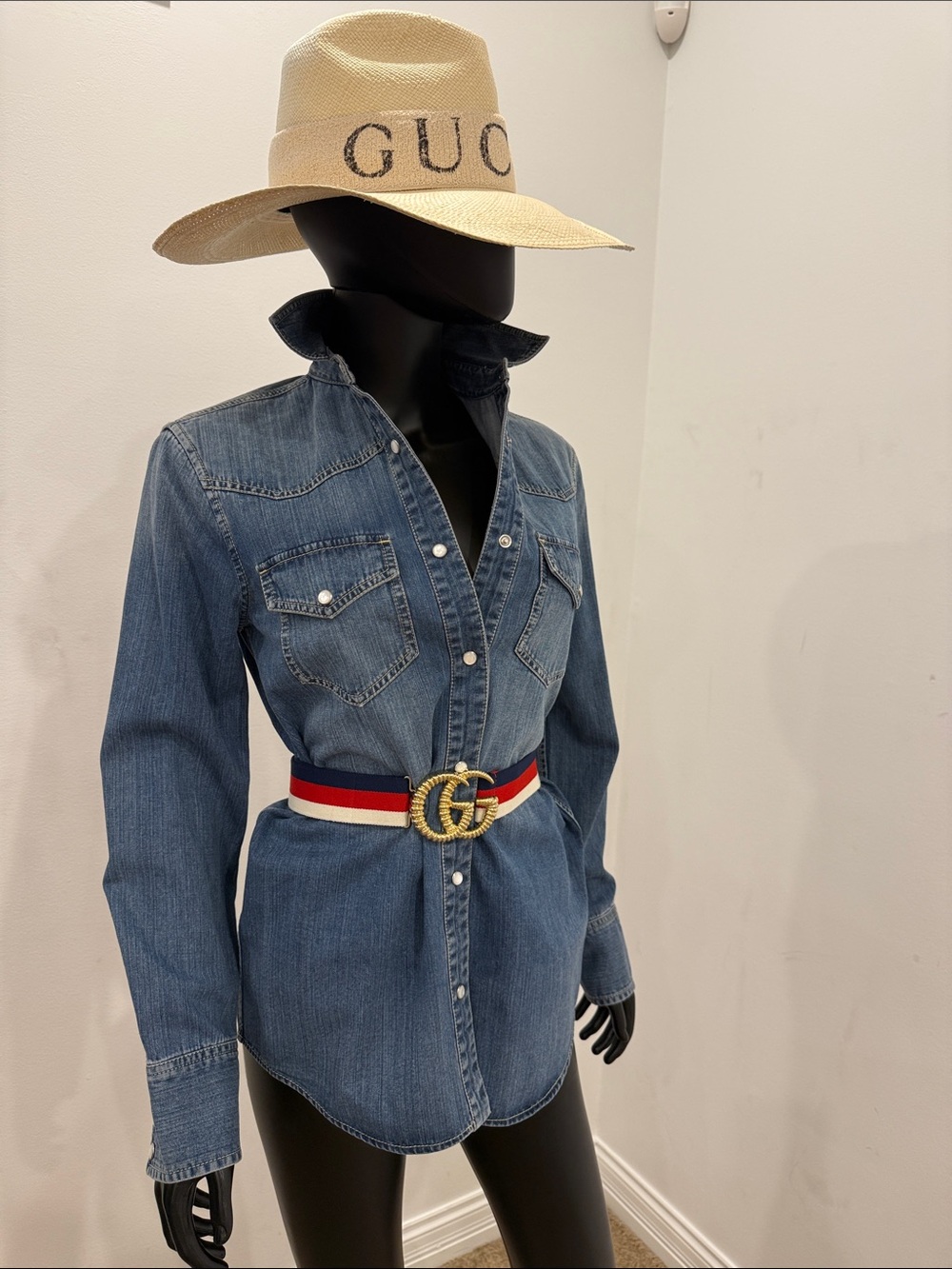 Gucci Blue Denim Western Shirt Size IT 40 US 4 Snap Button Cotton NEW